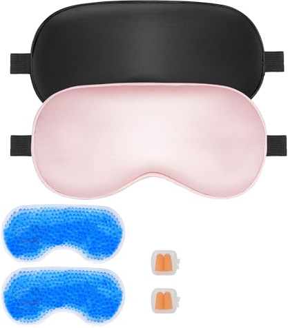 Cavoilu Schlafmaske mit kühlender Gel-Augenmaske, 2 Packungen beheizte Augenmaske zum Schlafen, wiederverwendbare Eisseide, Verdunkelungsaugenabdeckung, Schlafmaske für Reisen, Zuhause, Büro, Yoga,