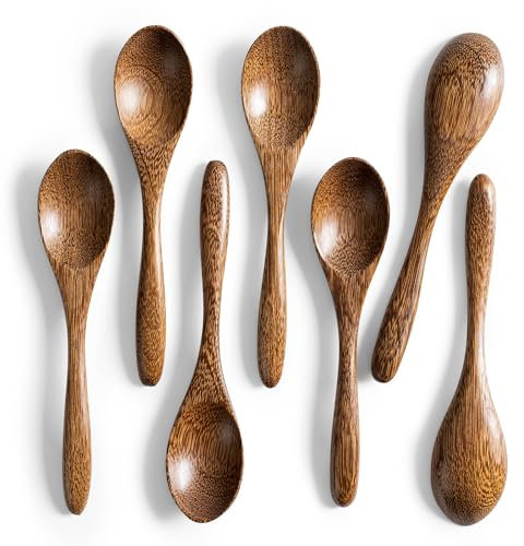 Hefild 7 PCS Small Wooden Spoons, 5.8 Inch Honey Spoons for Tea, Padauk Wooden Honey Teaspoon for Coffee, Little Tiny Wood Spoons, Bamboo Table Spoon for stirring, Wooden Spoons for Utensils Set