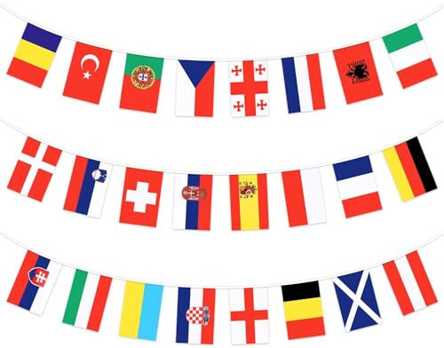 DERAYEE Lot de 2 drapeaux du monde Guirlande Bannière avec 24 pays Drapeaux de la Coupe d'Europe de Football et Jeux Olympiques 2024 Décoration Bar Jardin Club Restaurant Party Evénements (28x20cm)