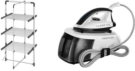 Black+Decker 63099 3-Tier Heated Clothes Airer Aluminium, Cool Grey, 140cm x 73cm x 68cm & Russell Hobbs Steam Power Generator Iron, 1.3L Removable Water Tank, Stainless Steel Non Stick Solep
