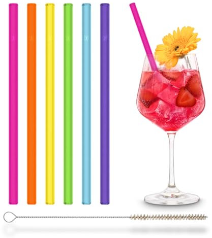 HALM Bunte Glasstrohhalme 6 Strohhalme 20 cm NEON Farben für Kinder & Party inkl. plastikfreie Reinigungsbürste - Spülmaschinenfest & Nachhaltig - Glastrinkhalme