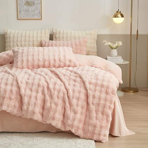 DXHOME Winter Bettwäsche 155x220cm Plüsch Rosa Warme Cashmere Touch Bettbezug Kaninchenfell Wende Winterbettwäsche Set Flauschig Bettbezug mit Reißverschluss und 2 Kissenbezüge 80 x 80cm