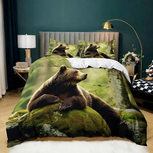 Bettbezug Bedruckt 200 × 200 cm Bettwäsche Set, DschungeltierbäR Bedruckte Bettwäsche Set Einfache Pflege GrüN Braun Bettbezug aus Mikrofaser