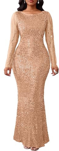 VERWIN Women's Sequins Bodycon Round Neck Long Sleeve Sparkly Mermaid Dress for Casual Party Cocktail