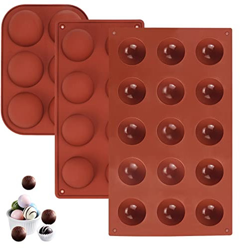 Jinsion 3 Pcs Half Round Chocolate Moulds, 6/8/15 Cavity Semi Sphere Silicone Moulds, Non Stick Brown Semi-Circular Chocolate Moulds for Making Chocolate, Jelly, Dome Mousse Cake, Pudding