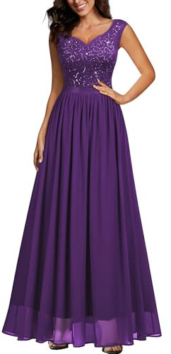MIUSOL Women's Double V Neck Sequin Lace Chiffon Evening Prom Party Wedding Maxi Dress (XX-Large, Purple)