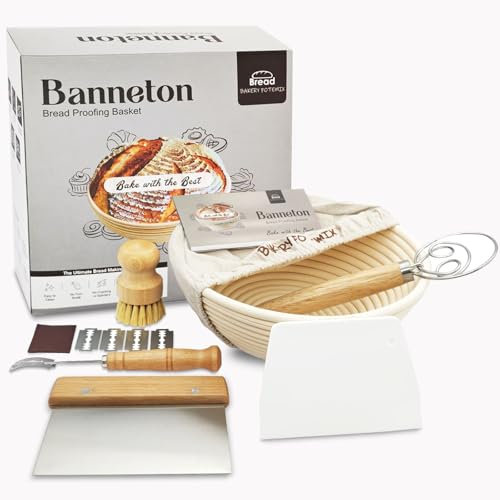 Sourdough Proving Basket Kit, Natural Rattan Sourdough Starter Kit with Bread Lame, Dough Scraper, Cloth Liner, Dough Whisk, Banneton Proofing Basket for Bakers 25cm