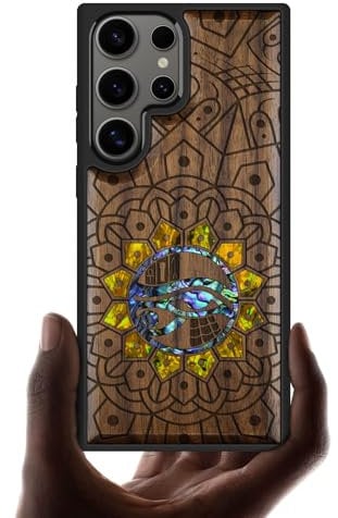 Carveit Handyhulle für Galaxy S25 Ultra Cover [Holzgravur & Muschel Inlay] Luxus und Persönlichkeit handyhülle Kompatibel mit Samsung S25 Ultra Case（Nussbaum-Ewiger Horus Mandala）