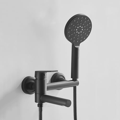Brausebatterie-Set, Badewannenmischbatterien mit Dusche, Wandmontage, schwarzer Badewannenhahn, 90-Grad-Wasserhahn, schwenkbarer Kopf, Einhebelmischer(Black)
