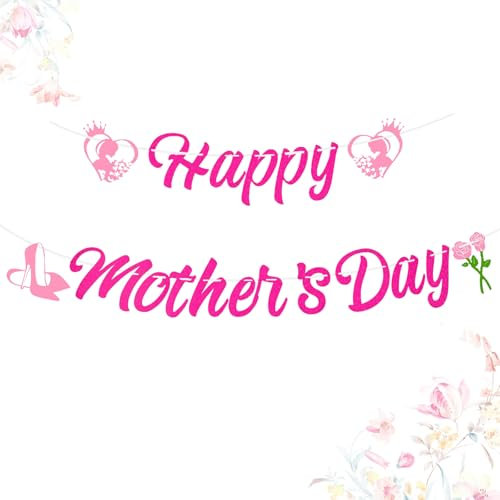 IHLOOTD Muttertag Dekoration Rosa Happy Mother's Day Banner, Girlande Hängende Deko mit Herz und Rosenschildern für Mama Home Geburtstag Party Dekoration