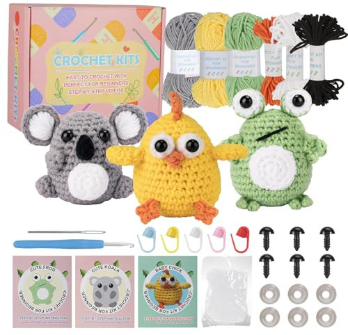 iewrtcin 3-teiliges Häkelset, Anfänger-Häkelset, Häkeltier für Erwachsene und Kinder für Erwachsene, Anfänger, Häkelanfänger, DIY-Kreation (Frosch, kleines gelbes Huhn, Koala)