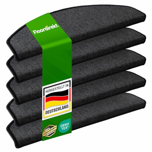 Floordirekt Treppenstufen Matten - London Pro Anthrazit - 15 Stück Stufenmatten Treppenteppich halbrund 25x65 cm