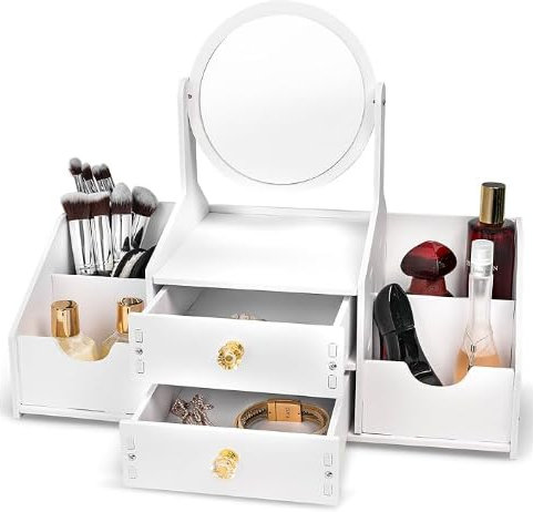 GYJZZW Organizer per trucchi in legno, organizer da banco con specchio, cassetti, organizer per cosmetici per spazzole, prodotti per la cura della pelle, elegante porta trucchi per bagno, cassettiera