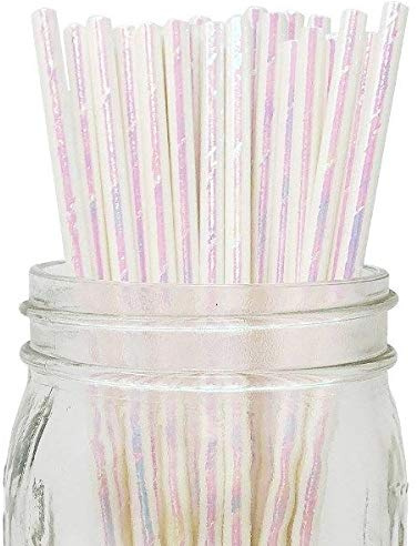 Pailles en Papier Blanc Irisé 19,7mm/ 7,75 pouces, 100 Pièces de Grandes Pailles de Cocktail pour Les Fêtes, Anniversaire, Mariage, Décoration, Irisée