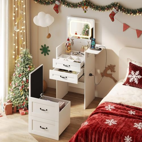 YOSHOOT Dressing Table with Flip-top Mirror LED Lights Socket Strip, Makeup Table for Small Spaces, Small Vanity Desk Set with Fold-up Panel, Cushioned Storage Stool for Bedroom, 50*40*90cm (White)