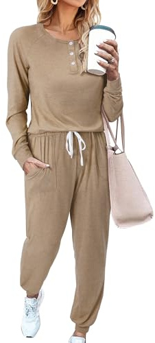 Magritta Two Piece Outfits Women Long Sleeve Tracksuits Casual V Neck Ladies Lounge Wear Sets Button Down Sweatshirts and Plain Jogging Bottoms with Pockets Fall Basics Clothes Beige X-Large, 18-20