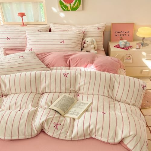 Sedefen Plüsch Bettwäsche 135x200 4Teilig Biber Flauschige Flanell Winterbettwäsche Set Mädchen mit Rosa Schleifen Gestreift,Warme Thermo Bettbezug und 2 Kissenbezug 80x80 cm mit Reißverschluss