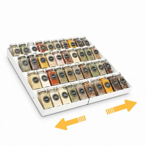 GOENDR Metall Gewürzregal Schublade, Ausziehbares 4-stufiges Gewürz Organizer Schublade, Verstellbarer Schubladen Ordnungssystem für 29–58 cm Breit Schubladen, Schubladeneinsatz Gewürze Aufbewahrung