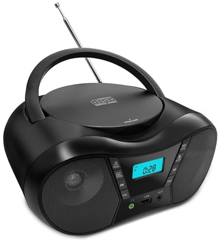 Tragbarer CD-Player Boombox mit FM-Radio, Bluetooth-Lautsprecher, AC/Batteriebetrieben, unterstützt CD/CD-R/RW/USB/BT/AUX, LCD-Display, Kopfhöreranschluss, Geschenke für Eltern (Schwarz)