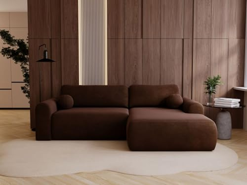GRAINGOLD Savana L 257x177 cm, L-Form Sofa, Schlafcouch für Wohnzimmer, Velours-Stoff, 3-Sitzer Eckcouch, Ecksofa mit Bettkasten (Braun, Rechts)