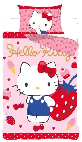 Hello Kitty Bettwäsche Strawberry 135x200+80x80 – Wendebettwäsche | Offiziell lizenziert | Sanrio | 135x200+80x80 cm | Mädchen | Geschenk | BrandMac | Einzelbett