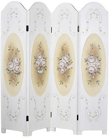 Paravent „Wilde Rose“ – Shabby Chic Raumteiler im Vintage Stil mit handbemalten Rosenranken, 4 klappbare Segmente ca. 180×167 cm, Flexibler Sichtschutz & Dekoration FRF01