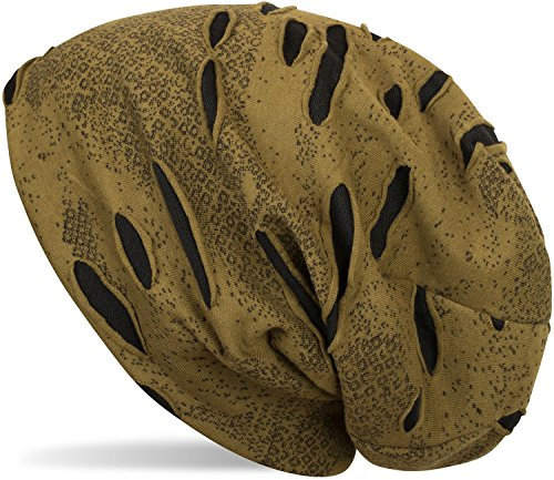 styleBREAKER Beanie Mütze im Destroyed Vintage Used Look, Slouch Longbeanie, Unisex 04024036, Farbe:Oliv-Schwarz