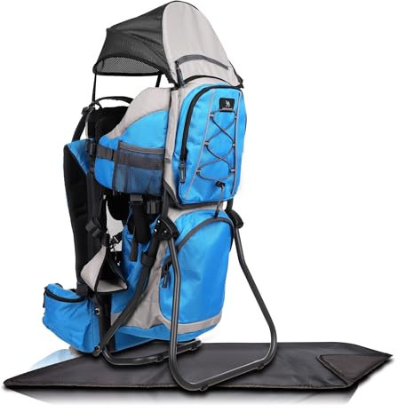 DROMADER Zaino Porta Bambino Montagna - Zaino Porta Bimbo fino a 22kg con Parasole, Parapioggia, Tasca Isolante, Materassino Fasciatoio - Telaio Pieghevole con Una Mano - Blu