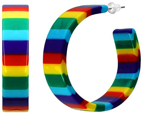 Soul-Cats Kunststoff Creolen Regenbogen bunte Streifen im Retro Style der 80er Jahre
