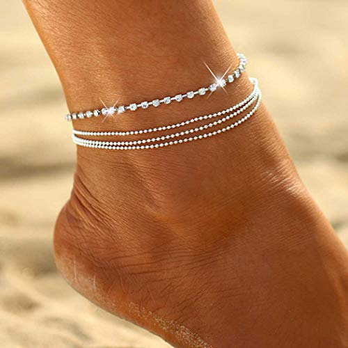 Ushiny Boho Kristall Fußkettchen Silber Perle Knöchel Armband Vintage Strass Fußkettchen Verstellbarer Sommer Strand Fußkette Schmuck für Frauen und Mädchen