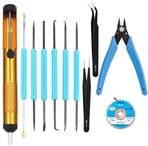 YCD Professional Welding & Desoldering Tool Set (11 Pieces), Desoldering Pump, Desoldering Wick, Wire Cutters, Tweezers, Soldering Iron Accessories