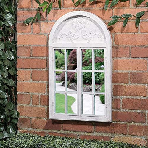 Vintage Rustic Design White Metal Arched Garden Mirror Shutters Door Outdoor Illusion Window Dimensions: 74 x 45cm (Approx