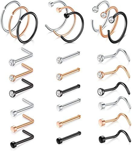 Incaton 0.8mm Nasenpiercing 20G Nasenstecker 27 Stk Nasenring Chirurgenstahl Spirale L Nasen Stud Stecker Piercing Schmuck