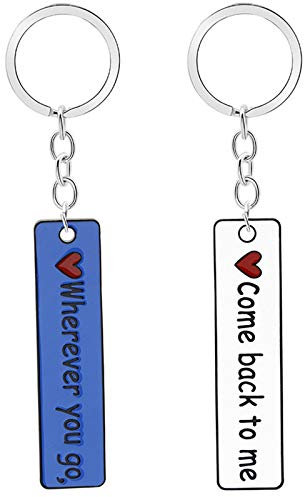 Bishilin Schlüsselbund Ringe Edelstahl 2er Set, Schlüsselanhänger Paar Lange Platte Wherever You go Come Back to me Schlüsselanhänger Paar Glücksbringer mit Gravur