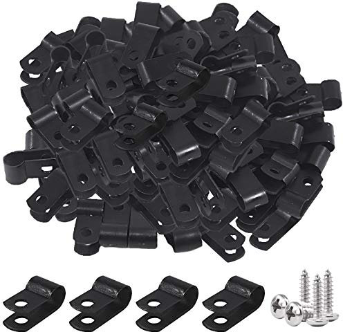 Glarks 60Pcs 1/4 Inch Black Nylon Screw Mounting R-Type Cable Clip Wire Clamp with 60Pcs Screws for Wire, Cable, Conduit and Cable Conduit Kit (Black)
