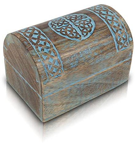 Tolle Geburtstagsgeschenkideen, handgefertigte, dekorative Schmuckschatulle Holz mit keltischem Schnitzereien, Schmuck-Organizer, Andenken-Box, Schatztruhe, Schmuckhalter, Uhrenbox, 22 x15 cm (Blue)