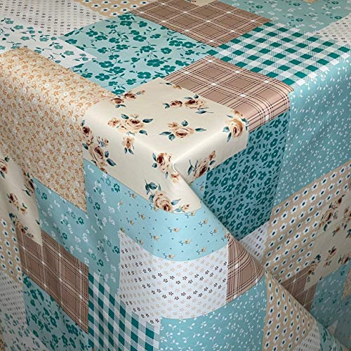 KEVKUS Wachstuch Tischdecke 01395-04 Patchwork Rosen Blüten Blätter beige hellblau eckig rund oval (Rand: Schnittkante (ohne Einfassung), 110 x 260 cm eckig Biertisch XXL)