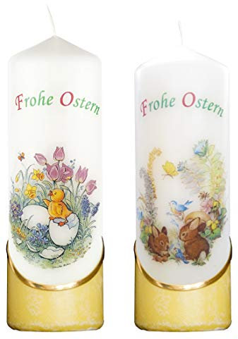 Meissner-Handel Auswahl * 2 Stück Osterkerze Stumpenkerze Osterdeko * 6 x 18 cm * mit farbigen Wachs- und Bildauflagen * Auswahl Motiv + Farbe * gelb * (Serie 2 - Set 15/-0)