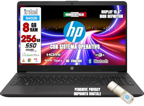 HP Notebook NUOVO con Pendrive Fingerprint Privacy • CPU Intel N4500 @ 2,8ghz • Monitor 15.6 HD • SSD 256 GB • Ram 8GB • Ingresso LAN, HDMI, USB • Sistema operativo WIN 11 PRO e Libre Office