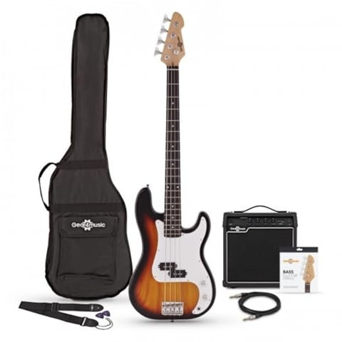 Bassgitarre LA von Gear4music Sunburst mit 15W Amp Gig Bag und Kabel | Sofort Spielbar mit Leichtem Paulownia-Korpus, Klarer Druckvoller Ton, 15W-Verstärker mit 3-Band-EQ, Kabel
