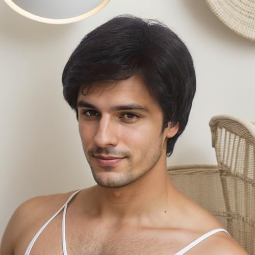 REEWES Männer Perücke Kurze Herrenperücke Gelockte Herrenperücken mit Pony Synthetische Vollperücke für Männer Täglich Party Kostüm Cosplay (Schwarz)