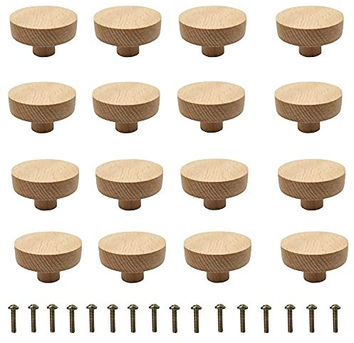 Dzsomt 16 Stück Holz Möbelknöpfe Schubladengriffe Holz Holzknauf Möbelknöpfe Rund Holz Schubladengriff Wohnaccessoire Holzgriffe Möbel Unlackiert Möbelknopf Holz für Schubladen Schranktüren, 40*25mm