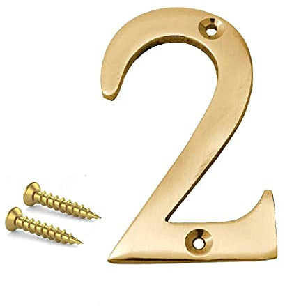 TERF® 3 Inch (75mm) Brass Polished Finish Screw Fix Front Door Number '' 2 '' Mailbox Hotel House Door Number Suitable for All Door Types Wooden, u PVC and Composite With Fixing Screw [ Number - 2 ]