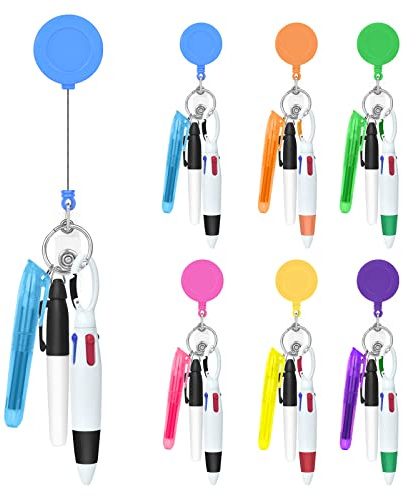 DLUGOPIS Nurse Pen Set – 6 Stück inklusive Textmarker, Permanentmarker und einziehbarem Kugelschreiber, 24 Rollen und 6 Abzeichen-Klammern