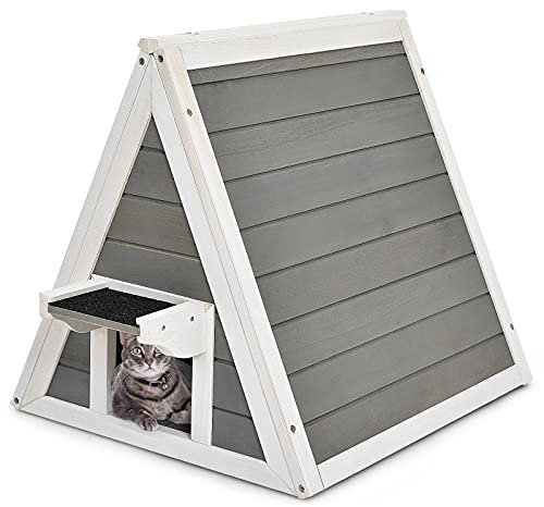 COSTWAY Casetta Triangolare di Legno per Gatti, Cuccia per Gatti con Tetto Resistente alle Intemperie per Interno ed Esterno, Casetta per Animali di Taglia Piccola e Media, 50 x 55 x 53 cm