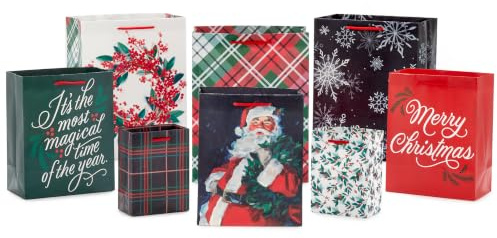 Hallmark Confezione regalo di Natale assortiti (8 sacchetti: 2 piccoli 12,7 cm, 3 medi 20,3 cm, 3 grandi 27,9 cm) classico Babbo Natale, nero e rosso, fiocchi di neve, agrifoglio