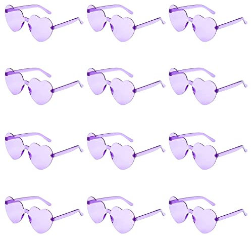 KINBOM 12 Stück Herzförmige Randlose Sonnenbrille, Liebesherz Transparent Getönte Sonnenbrille Rahmenlose Bonbonfarben Brille für Frauen Party Cosplay (Violett)