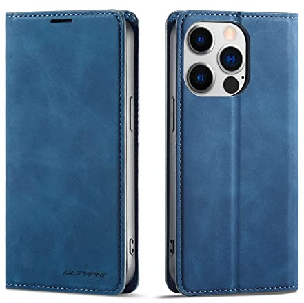 QLTYPRI Case for iPhone 14 Pro, Premium PU Leather Cover TPU Bumper with Card Holder Kickstand Hidden Magnetic Adsorption Flip Wallet Case Cover for iPhone 14 Pro - Blue
