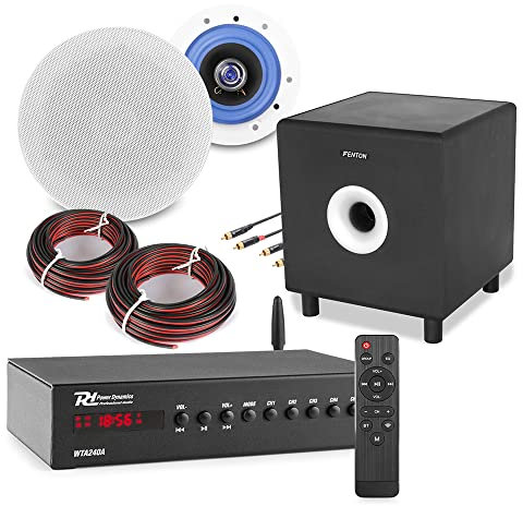 Power Dynamics Smart WiFi Ceiling Speaker System with 10 Active Subwoofer, Bluetooth Amplifier, Wireless Home Audio, Multi Room Ceiling Speakers, 2x ESCS6 (White)