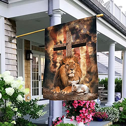 Drapeau de jardin Lion de Judah Agneau de Dieu Croix Drapeau d'intérieur Bannière double face drôle Décoration de dortoir 32 cm x 48 cm